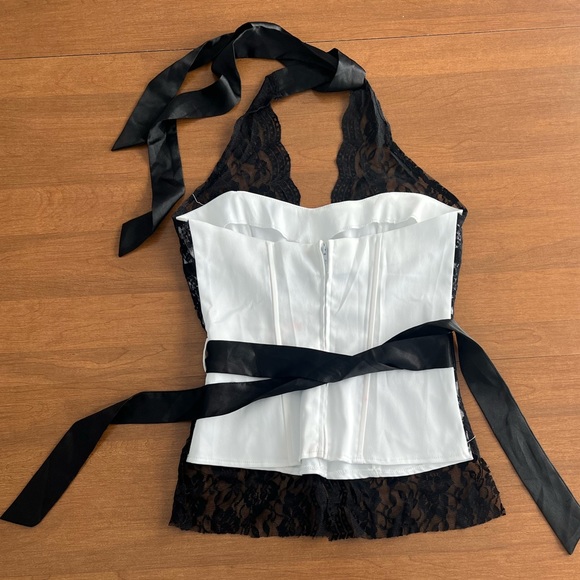Cotton Express Stretchy Corset Halter Black lace & White Small - Picture 2 of 3
